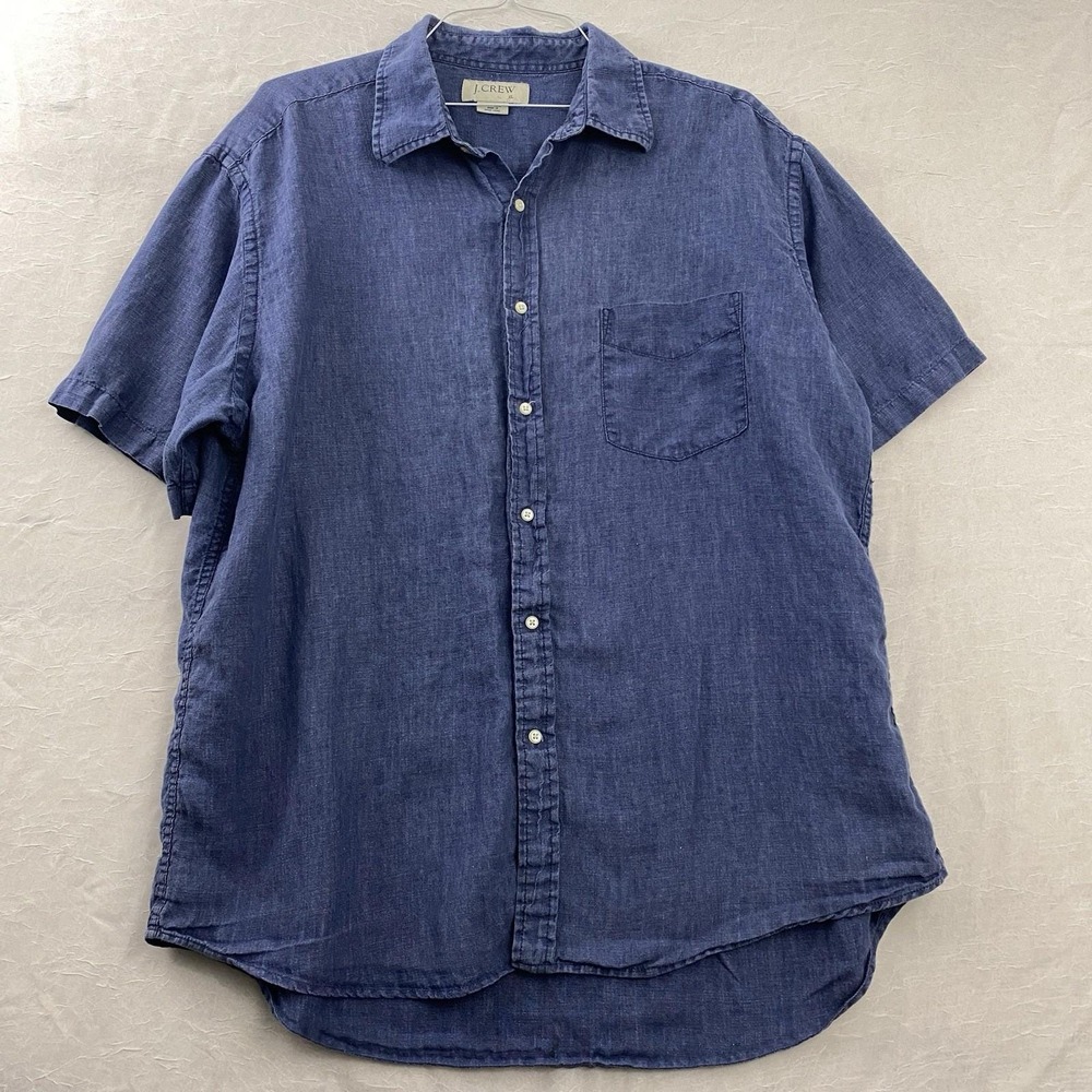 Vintage J Crew Shirt XL Navy Blue 100% Linen Short Sleeve Casual Lightweight